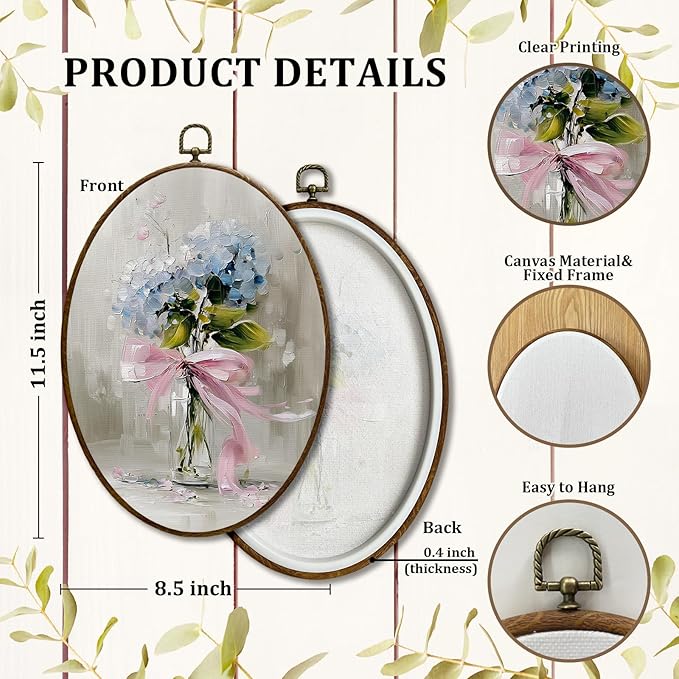 JQF Vintage Hydrangea Floral Oval Wall Decor, Cottagecore Floral Oval Canvas Wall Art, Pink Bow Flower Bouquet Botanical Framed Prints Hanging Decor for Home Bedroom Living Room, 8.5x11.5 Inch