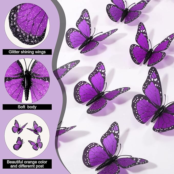Chuangdi 48 Pcs Purple Monarch Butterfly Decorations 3 Size Fake Butterflies Realistic Butterfly Craft Artificial Mariposas Wall Decor for Craft Wedding Home Birthday Party (3.2inch,4inch,4.7inch)