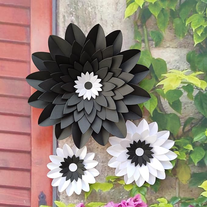 Black White Paper Flower for Wall (11''-7'' Assorted) DIY Floral Party Backdrop Nursery Room Baby Shower Girls Birthday New Year Party Photo Backdrop Pack of 6