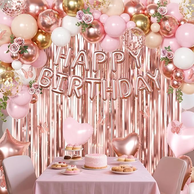 Rose Gold Birthday Decorations, Gold Pink Peach White Balloons Confetti Foil Balloons Happy Birthday Banner Butterfly Fringe Curtains birthday Decorations for Women Teens Girls