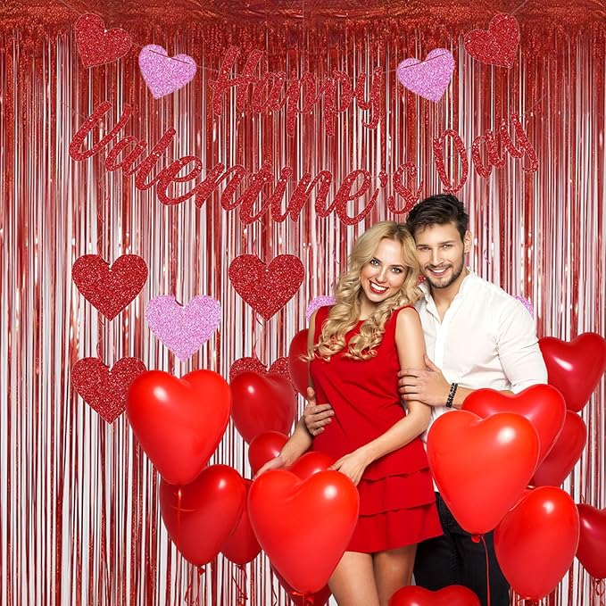 Red Foil Fringe Curtains 3 Pack 3.2 x 8.2 ft Shiny Tinsel Backdrop for Birthday Party Decorations, Photo Booth Background, Red Streamers Decor, Valentines Day