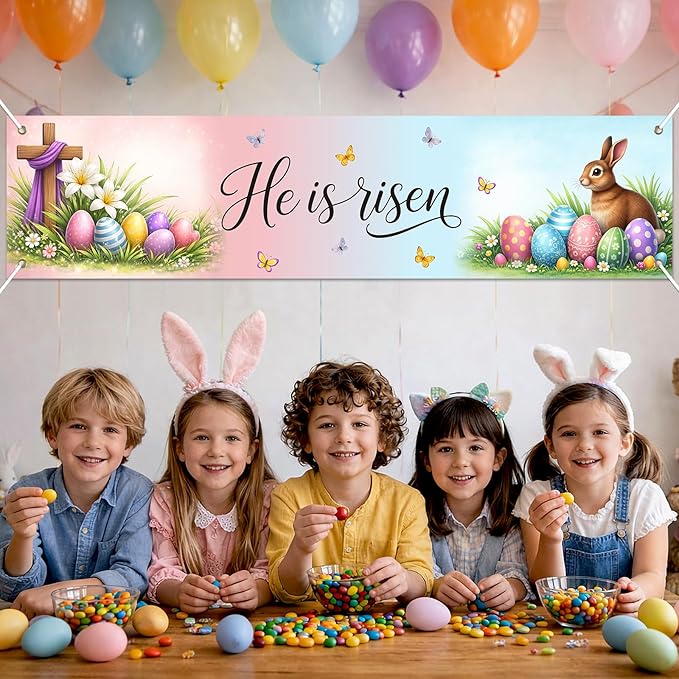 He Is Risen Easter Banner Christian Spring Decor 78 x 17 Inch Religious Easter Banner with Cross Eggs Bunny Scene for Church Yard Fence Door Wall Indoor Outdoor Display