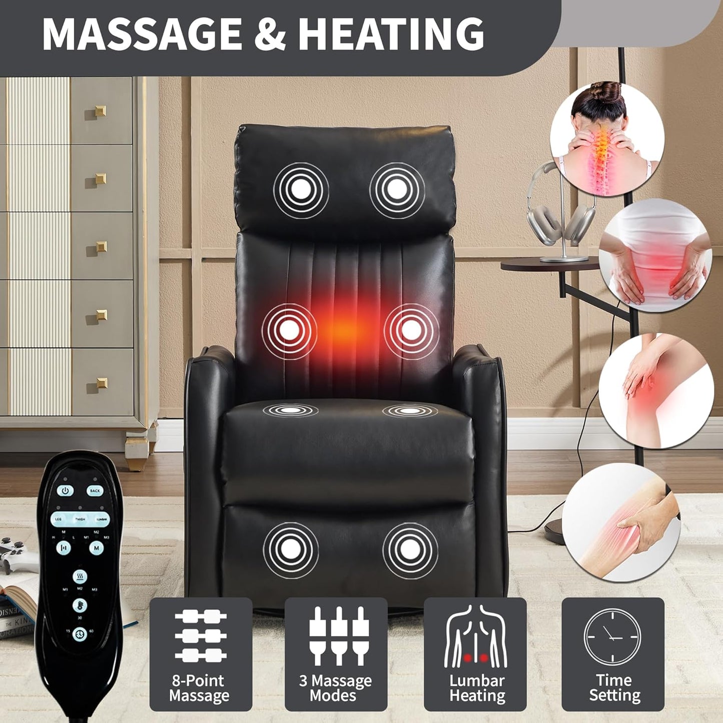 Manual Swivel Rocker Recliner Chair for Adults, Overstuffed Reclining Glider Chair for Nursing with Vibration Massage & Heat, Living Room Rocking Recliner 2-Stage backrest, Faux Leather Black