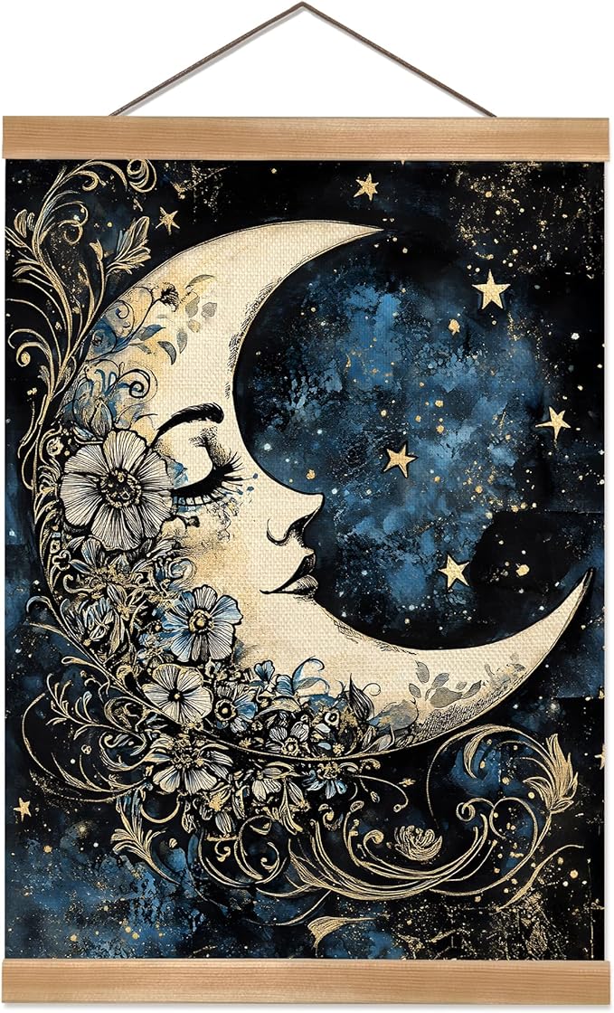 ZTGDA Moon Wall Art Decor– Vintage Hanging Wall Painting Abstract Poster with Solid Wood Frame, Boho Wall Decor,Mystical Celestial Floral Poster for Bedroom, Office(Moon)