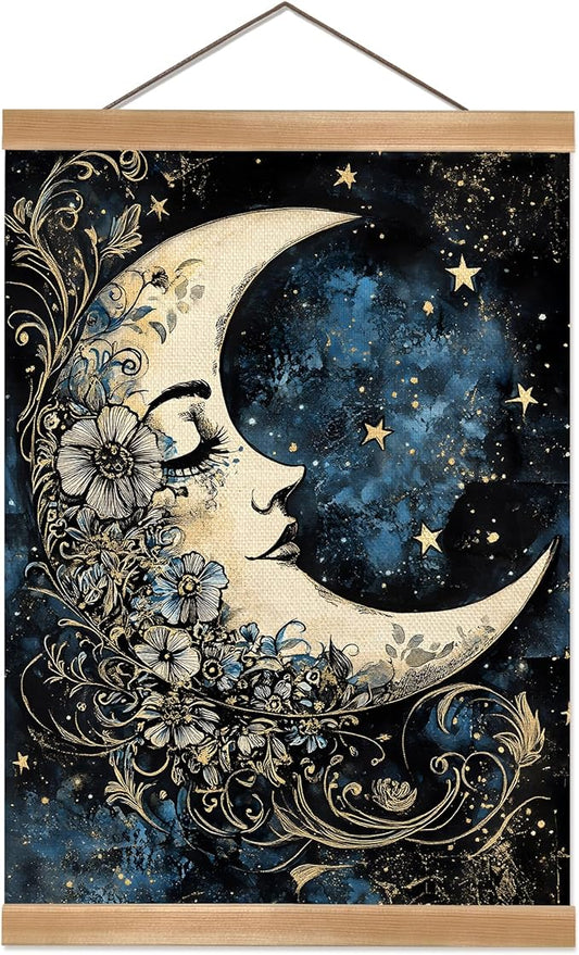 ZTGDA Moon Wall Art Decor– Vintage Hanging Wall Painting Abstract Poster with Solid Wood Frame, Boho Wall Decor,Mystical Celestial Floral Poster for Bedroom, Office(Moon)