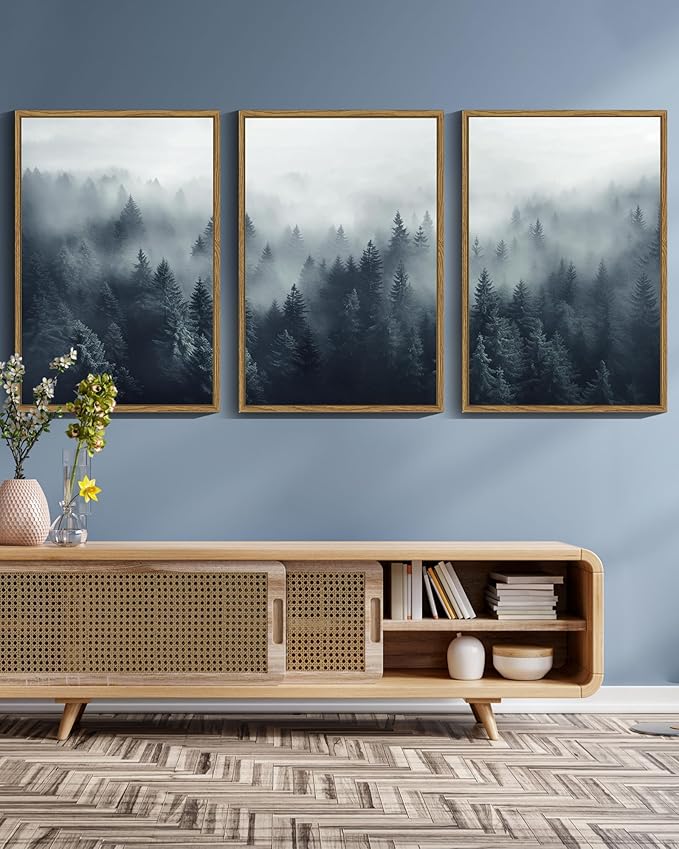 SHENIFY Blue Fog Pine Tree Forest Canvas Wall Art Large 16x24in Framed Nature Modern Artwork Prints Decor - Natural Framed