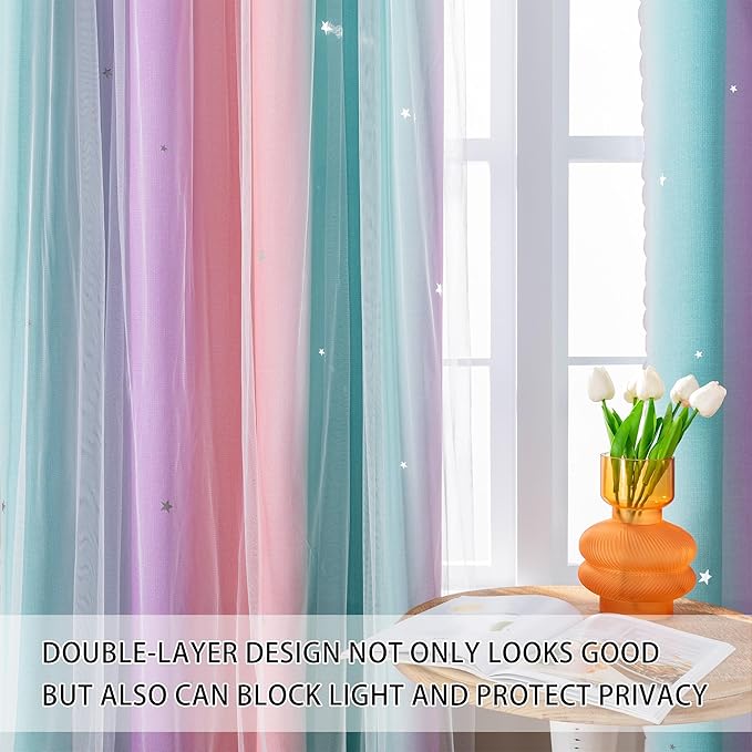 XiDi Girls Blackout Curtains 108 Inches Long for Bedroom, Room Darkening Grommet Window Ombre Curtains 2 Panels, Kids Unicorn Princess Theme Decor Colorful Rainbow Design Pink Purple Green 42W x 108L