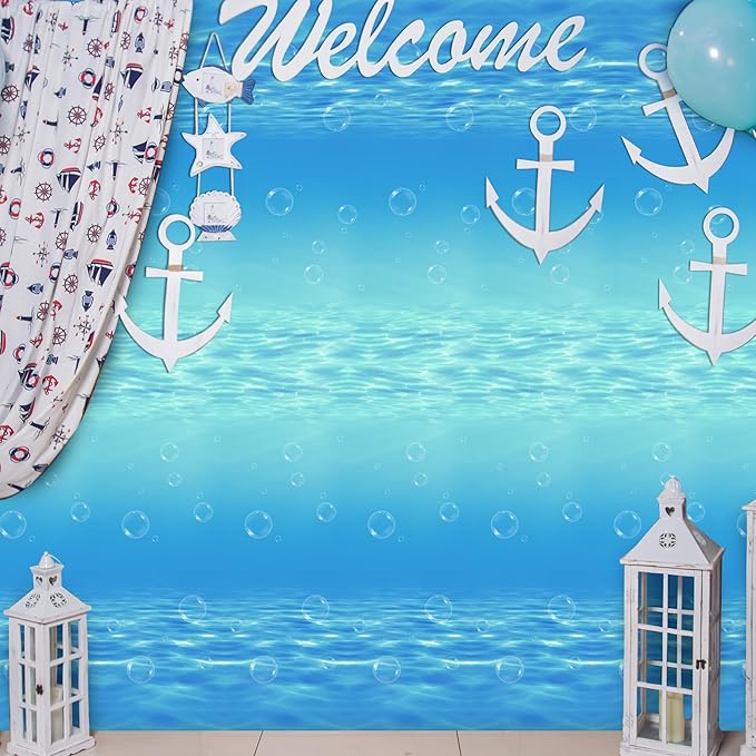 Kochorie 54 Inch x 200 Ft Ocean Waves Plastic Tablecloth Roll in Slide Cutter Box Under the Sea Table Cover Blue Water Print Backdrop Bulletin Board Plastic Roll for Beach Pool Birthday Party Decor