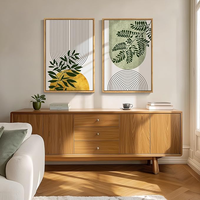 Framed Green Boho Wall Art for Living Room, Large Set of 2 Geometric Botanical Artwork for Walls, Bohemian Modern Neutral Canvas Painting Prints for Bedroom Office Kitchen Hallway Wall Decor, 20x30 In