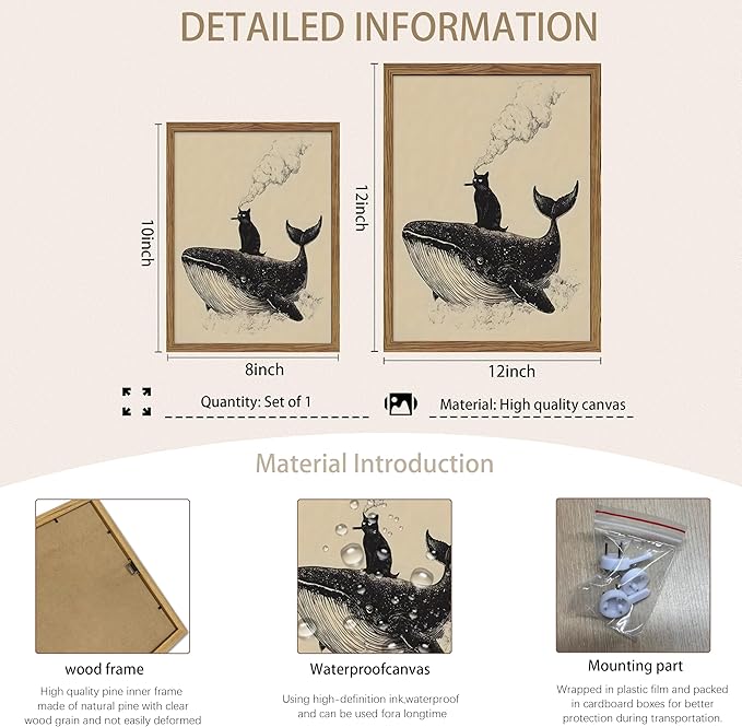Framed Cat Wall Art, Funny Black Cat Riding a Whale Canvas, Vintage Abstract Oil Painting, Country Home Room Wall Decor, Humorous Pictures Artwork Prints for Living Room Bedroom – 8x10 inch