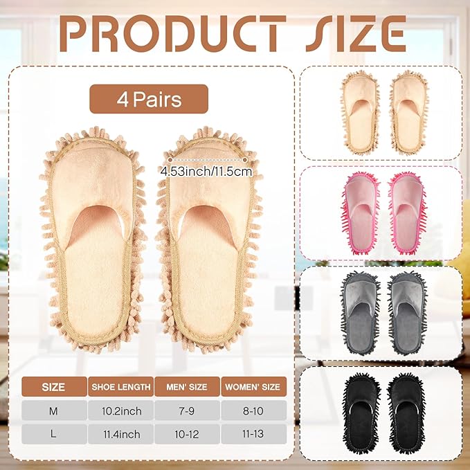 Jecery 4 Pair Washable Microfiber Mop Slippers Detachable Dusting Shoes for Floor Cleaning, Office & Home Use Suitable for Women & Men(Black, Beige, Pink, Gray,M Size)