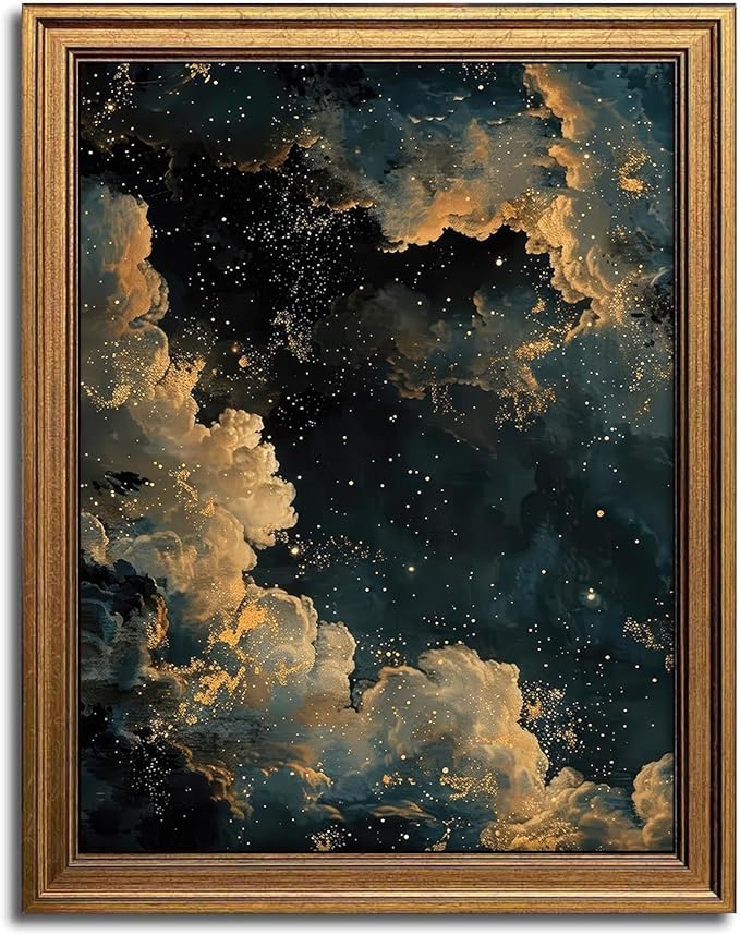 Aroutde Vintage Gold Framed Moody Celestial Wall Art, Cloud Print Abstract Night Sky Stars Art Poster Maximalist Gothic Canvas Wall Decor for Living Room Bedroom Apartment (10L x 8W, Framed)