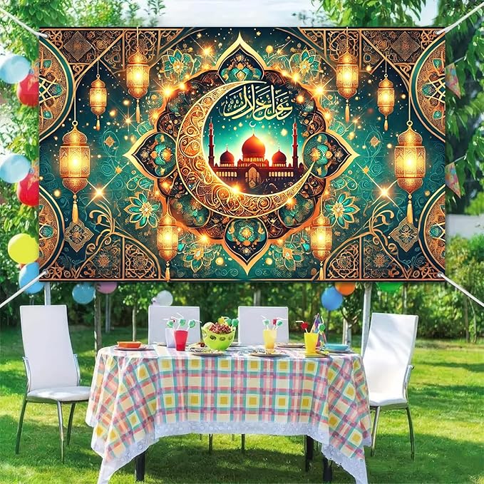 Ramadan Eid Banner Islamic Decoration Green Mosque Crescent Lanterns Hanging Backdrop with Hooks and String Arabic Calligraphy Sign for Muslim Festival Party 150D Polyester Wall Decor