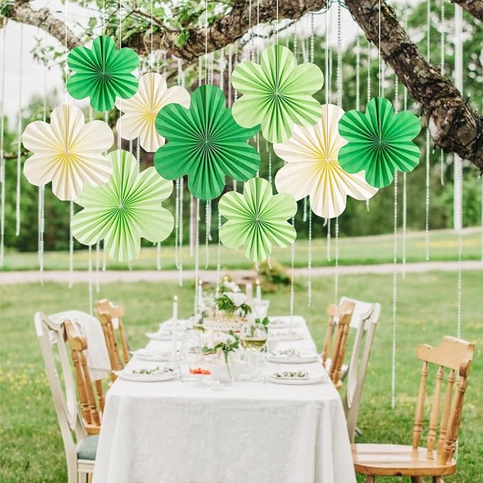 SUNBEAUTY Green Paper Flowers Decorations for Wall, Spring Summer Paper Fans Decor, Classroom Decor Paper Floral Backdrop Paper Flowers Decoration Hanging Paper Fans Green Flower Wall Decor, Set of 9
