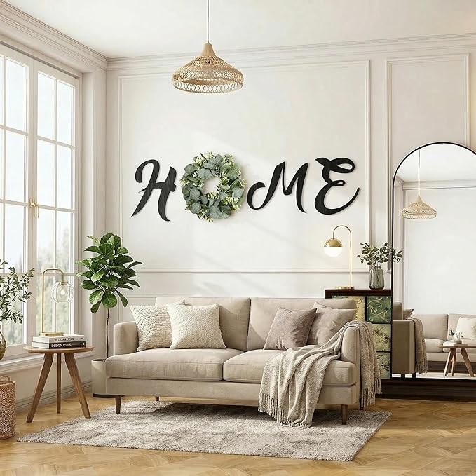 Wood Home Sign with Artificial Eucalyptus Wreath for O, Hanging Farmhouse Wall House Decor Wood Letters for Wall Art Rustic Home Decor, Wall Decor for Living Room Kitchen Entryway (Black)
