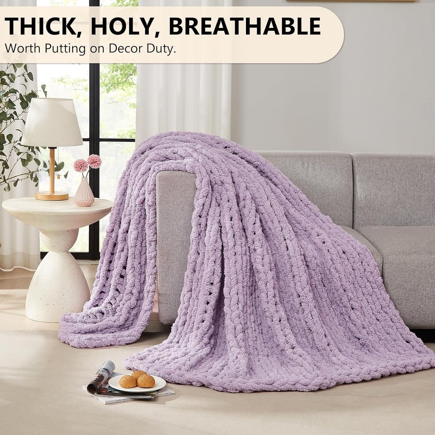 L'AGRATY Chunky Knit Blanket Throw - Soft Chenille Yarn Throw Blanket 60x80: Handmade Thick Cable Knit Crochet Blanket - Large Knit Blanket Chunky Rope Knot Throw Blanket for Couch Sofa Bed Home Decor
