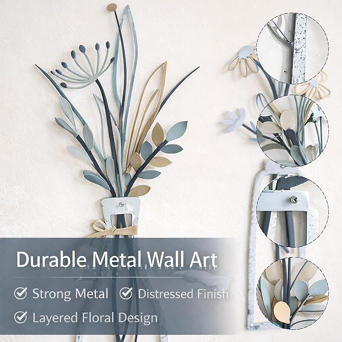 Nonforgetta Rustic Farmhouse Metal Flower Wall Art – Set of 3 Floral Decorations for Living Room, Bedroom, or Bathroom – Minimalist & Elegant Wall Décor Gift