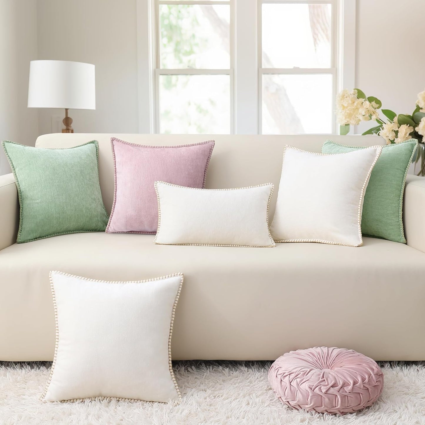 decorUhome Chenille Soft Throw Pillow Covers 22x22 Set of 2, Farmhouse Velvet Neutral Decorative Euro Pillow Covers with Stitched Edge for Couch Sofa Bed Home Decor, Cream White