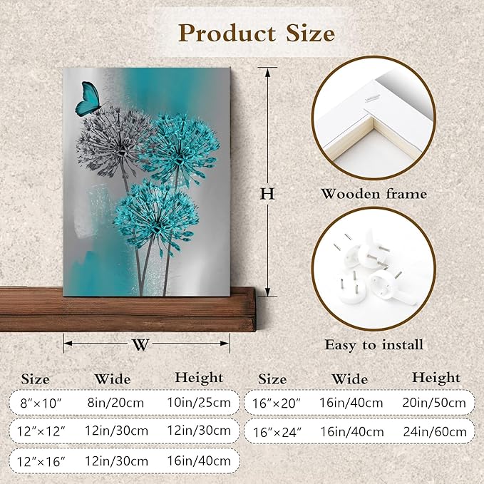 LB Teal Dandelion Canvas Wall Art Teal Grey Dandelion with Butterfly on Modern Abstract Wall Art Aesthetic Wall Decor for Living Room Bedroom Bathroom Office, Framed Ready to Hang 16Lx12W