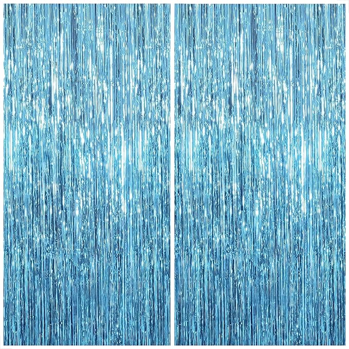 KatchOn, XtraLarge, Blue Foil Fringe Curtain - 8x3.2 Feet, Pack of 2 | Blue Backdrop Curtain for Under The Sea Party Decorations | Ocean Backdrop for Mermaid Birthday Decorations