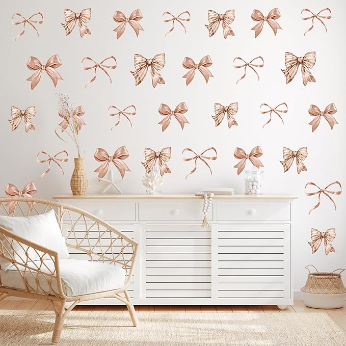 Whaline 12 Sheets Boho Bow Wall Stickers Watercolor Brown Bowknot Wall Decals Room Mural Stickers for Coquette Birthday Party Home Nursery Decor, 7.9 x 11.8 Inch