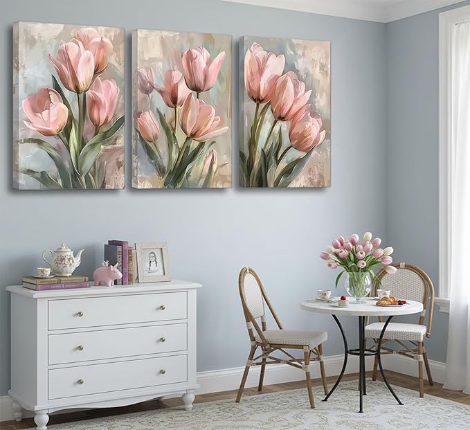 3 Pcs Vintage Pink Tulips Flowers Canvas Wall Art Retro Spring Pink and Green Floral Botanical Paintings Pictures Wall Decor Poster Print Artwork for Living Room Bedroom Home Decoration