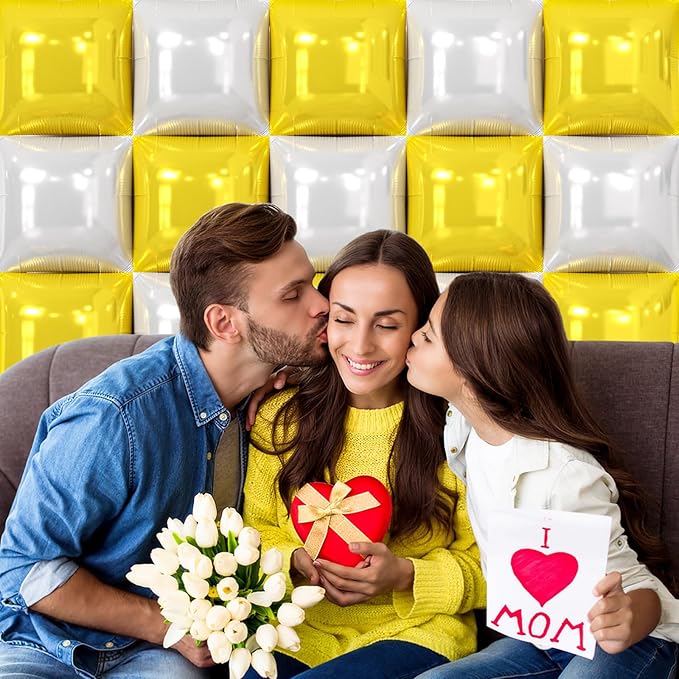 NISOCY 25PCS Yellow White Square Foil Balloons Wall Backdrop Double Sided Yellow Pearl White Balloons Arch Kit for Birthday Wedding Anniversary Baby Bridal Shower Party Decorations