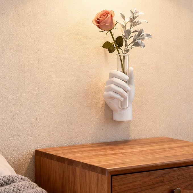 White Wall Hand Vase,Vintage Art Decor,Life-Size Hand Sculpture with Glass Test Tube Vase,Unique Wall Art Statue for Indoor or Outdoor,Maximalist Boho Whimsical Decor, for Women