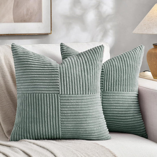 Fancy Homi 2 Packs Grey Blue Decorative Throw Pillow Covers 16x16 Inch for Couch Bed Sofa, Rustic Farmhouse Boho Home Decor, Soft Corss Patchwork Corduroy Textured Square Cushion Case 40x40 cm