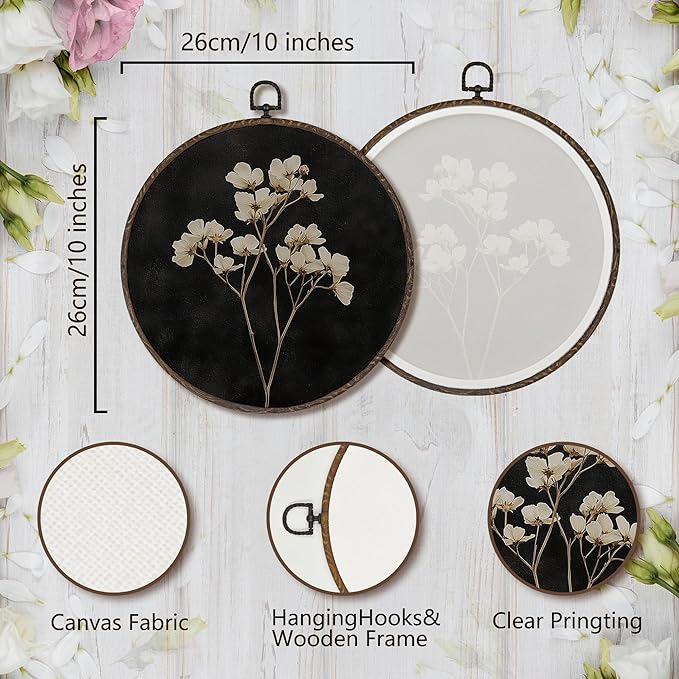 XNXLDYLH Vintage Dark Moody Botanical Round Framed Wall Art Decor, Gothic Dark Academia Antique Cottagecore Hanging Wall Decor Decorations, Rustic Floral Canvas Prints Wall Art Paintings, 10x10 Inches