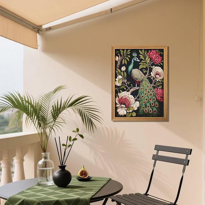 Framed Vintage 3D Textured Wall Art, Hand Drawn Sandstone Peacock Wall Decor, Modern Farmhouse Decor, Rural Botanical Floral Picture Painting Artwork for Living Room Bedroom 12x16 inch