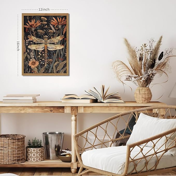 Framed Vintage 3D Textured Wall Art Dark Green Dragonfly Flowers Wall Decor Hand Drawn Sandstone Nature Botanical Paintings Pictures for Living Room Bedroom 12x16 inch