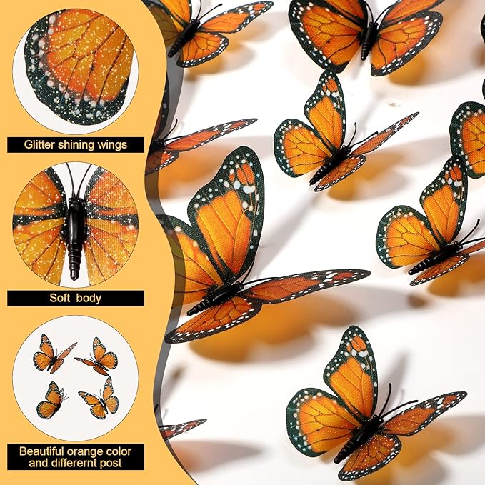 Chuangdi 48 Orange Monarch Butterfly Decorations 3 Size Fake Butterflies Realistic Butterfly Craft Artificial Mariposas Wall Decor for Craft Wedding Home Birthday Party (3.2inch,4inch,4.7inch)
