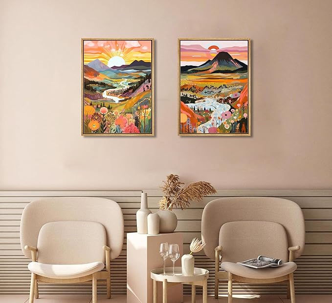 2Pcs Framed Boho Colorful Mountain Canvas Wall Art Abstract Sunrise and sunset Landscape Flower Wall Decor Watercolor Nature Forest Poster Print Artwork for Living Room Bedroom Office Home Decoration