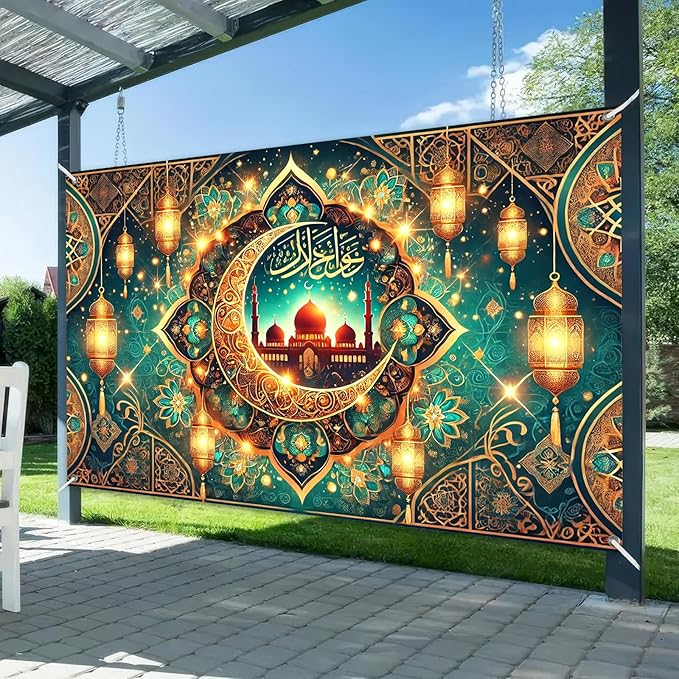 Ramadan Eid Banner Islamic Decoration Green Mosque Crescent Lanterns Hanging Backdrop with Hooks and String Arabic Calligraphy Sign for Muslim Festival Party 150D Polyester Wall Decor