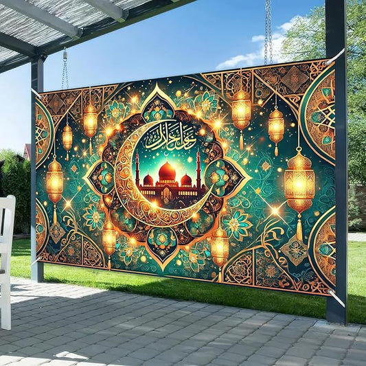 Ramadan Eid Banner Islamic Decoration Green Mosque Crescent Lanterns Hanging Backdrop with Hooks and String Arabic Calligraphy Sign for Muslim Festival Party 150D Polyester Wall Decor