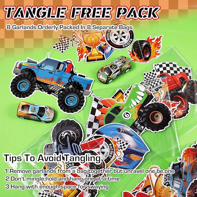 8 Pcs Truck Party Decorations Monster Truck Hanging Garlands Streamer Cutouts Race Car Theme Birthday Banner Backdrop for Boy Car Baby Shower Party Supplies Home Wall Ceiling Decor