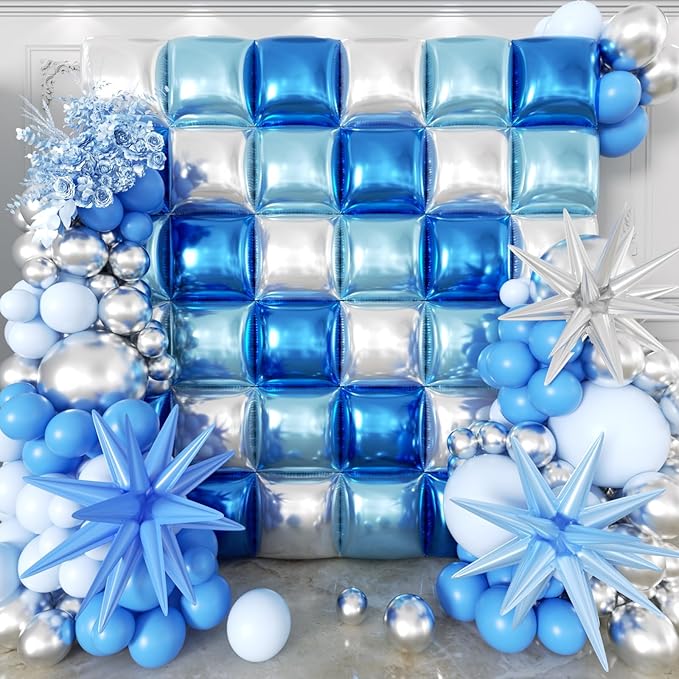 36pcs Blue and Silver Square Foil Balloons Wall Backdrop with 121pcs Balloon Garland Arch Kit, Double Sided Balloons for Birthday Bridal Shower Anniversary New Year Graduation Party Decorations