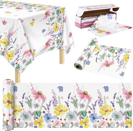 Kochorie Spring Flower Tablecloth Roll with Cutting Box 54 Inch x 100 Feet Butterfly Wildflower Plastic Disposable Tablecloth Picnic Themed Backdrop Tea Party Supplies for Holiday Weeding Birthday