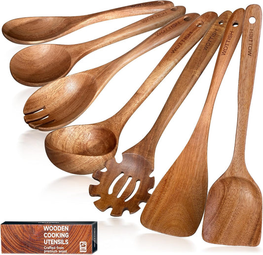 Wooden Utensil Set,WOTTISH 7Pcs Nonstick Wood Spatula,Wooden Kitchen Utensils Set Non Toxic,Wooden Spoons for Cooking（A07）