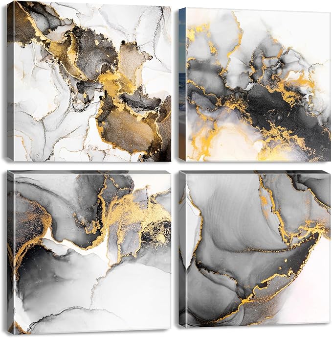 Abstract Texture Wall Art Black and Gold Marble Wall Decor for Living Room Watercolor Ink Fluid Lines Picture Canvas Print Minimalist Painting Framed Artwork Bedroom Office Home Decoration 20x20” 4Pcs