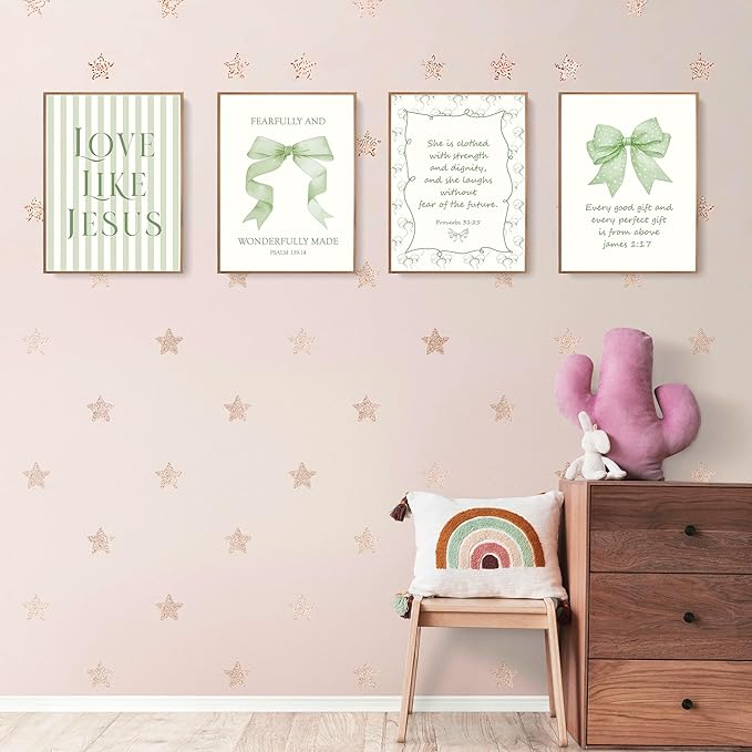 LARTSFRO Coquette Sage Green Bow Jesus Wall Art Decor Posters, Green Bow Room Bedroom Bathroom Wall Art Decor Aesthetic for Teen Girls Gifts, Inspirational Bible Verses Bow Wall Decor, 12x16 Inch Set of 4 Bow Pictures(UNFRAMED)