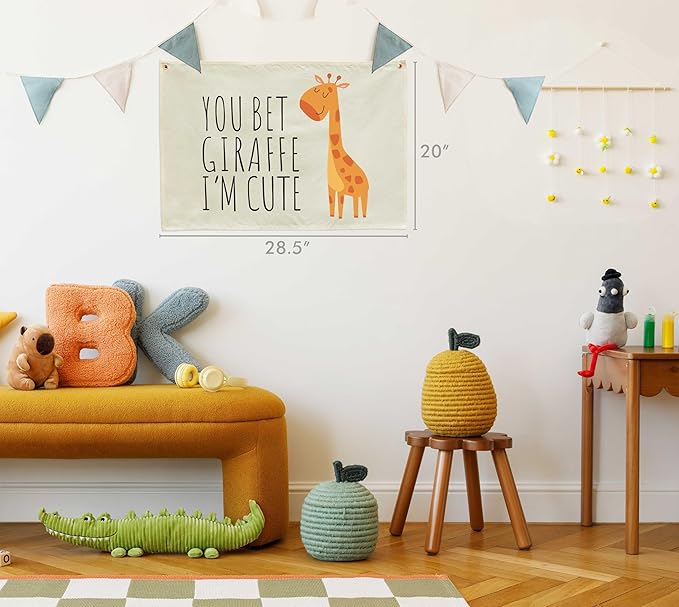 Nursery Canvas Rectangular Banner-Hanging Flag Sign for Baby Boy Girl Kids Teen,Bedroom Reading Room Playroom Decoration, Baby Shower Birthday Christmas Gift-You Bet Giraffe I’m Cute