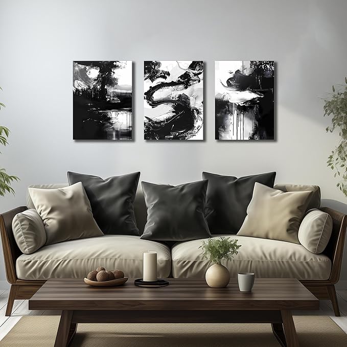 DNIEOTU Abstract Wall Art for Living Room, Black and White Canvas Wall-Decor for Bedroom, Picture Prints, Size 12 x 16 Inches 3-Pieces