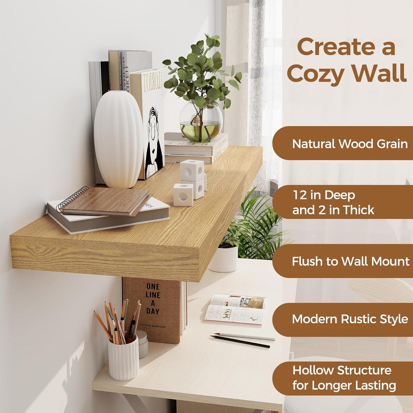 Floating Shelves 36 Inch Long, 12 Inch Deep Floating Shelves for Wall, 36 x 12 Shelves for Wall Storage & Display, 2" Thick Floating Shelf for Bathroom, Living Room, Bedroom, Oak Color, Set of 2