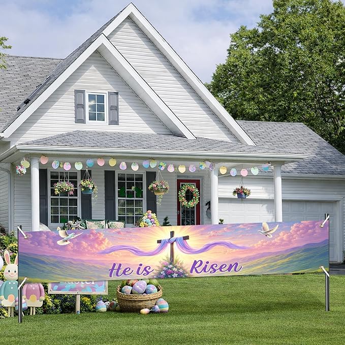 He Is Risen Easter Banner Christian Resurrection Spring Decor 118×20 inch Religious Cross Sunrise Scene Banner for Church Yard Fence Door Wall Indoor Outdoor Easter Display