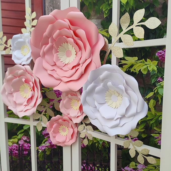 Blush Pink White 3D Paper Flower with Leaf for Nursery Wall Decorations Girl Baby Shower Nursery Decor Birthday Decorations 14 inch-6 inch Pack of 6