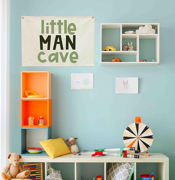 Little Man Canvas Banner-Nursery Wall Decor Hanging Rectangular Flag Sign Art for Boy Kids Teen,Bedroom Reading Room Playroom Decor,Baby Present Shower Birthday Christmas Gift