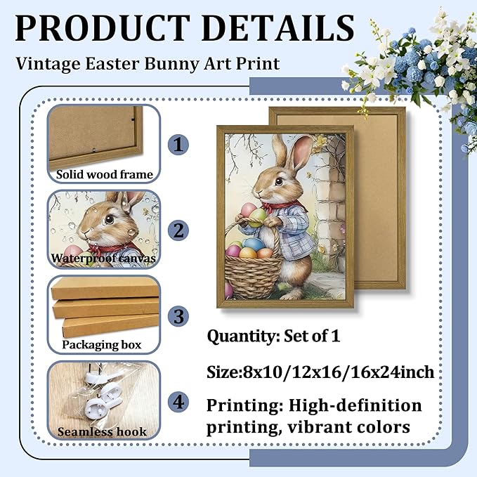 Framed Easter Bunny Wall Art, Cute Rabbit Easter Eggs Canvas Print Paintings, Vintage Holiday Decor Oil Painting, Rustic Farmhouse Spring Animal Wall Decor for Living Room Bedroom Nursery 16x24 Inch