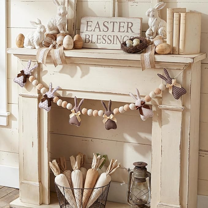 8.2 ft Felt Easter Bunny Garland 3D Rustic Cute Rabbit Pom Ball Banner Neutral Brown Vintage Decorative Hanging Bunting Garland for Mantel Fireplace Window Wall Home Farmhouse Decor